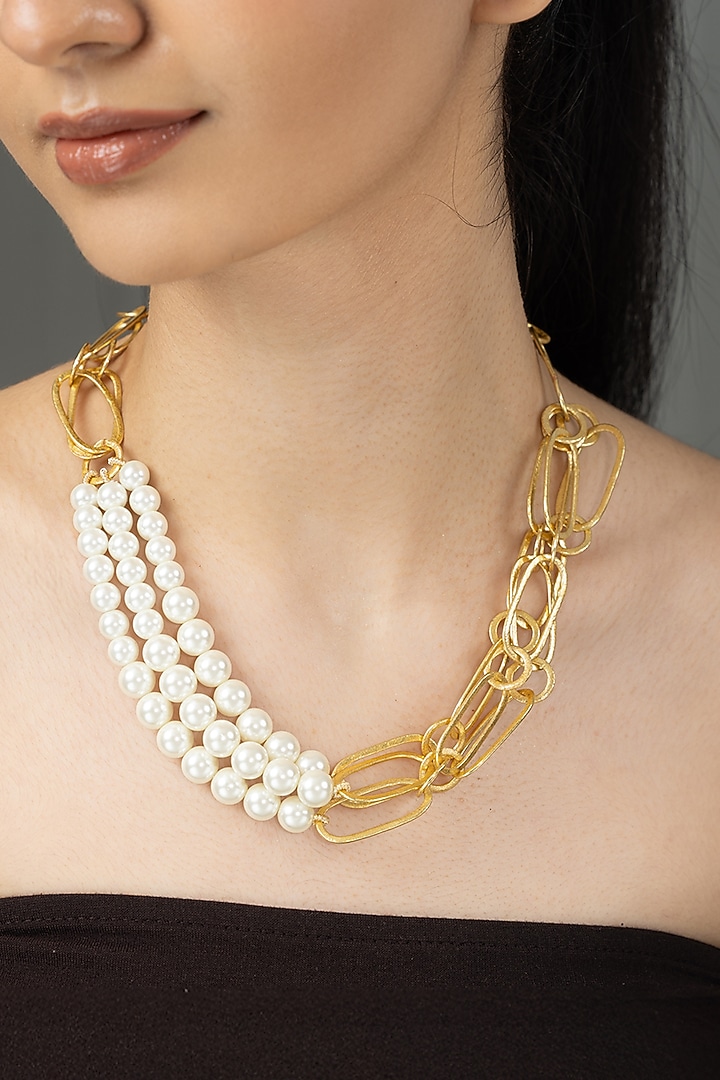 Gold Finish Pearl Yavina Necklace by Joules By Radhika at Pernia's Pop Up Shop