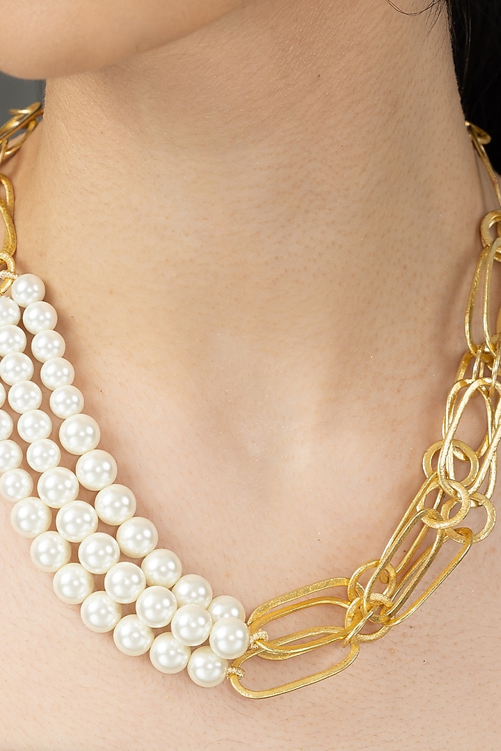 Gold Finish Pearl Yavina Necklace by Joules By Radhika at Pernia's Pop Up Shop