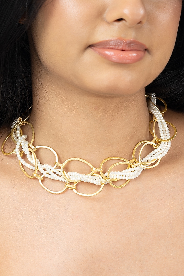 Gold Finish Pearl Samvika Necklace by Joules By Radhika at Pernia's Pop Up Shop