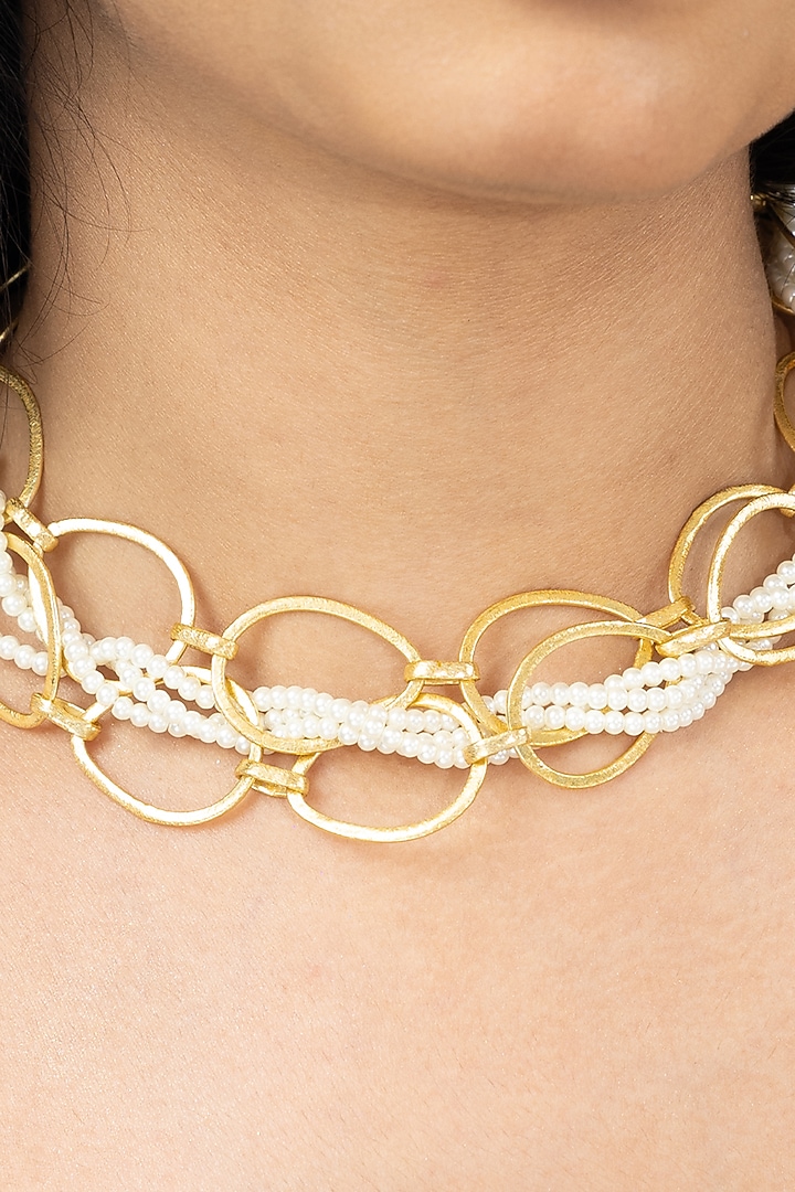 Gold Finish Pearl Samvika Necklace by Joules By Radhika at Pernia's Pop Up Shop
