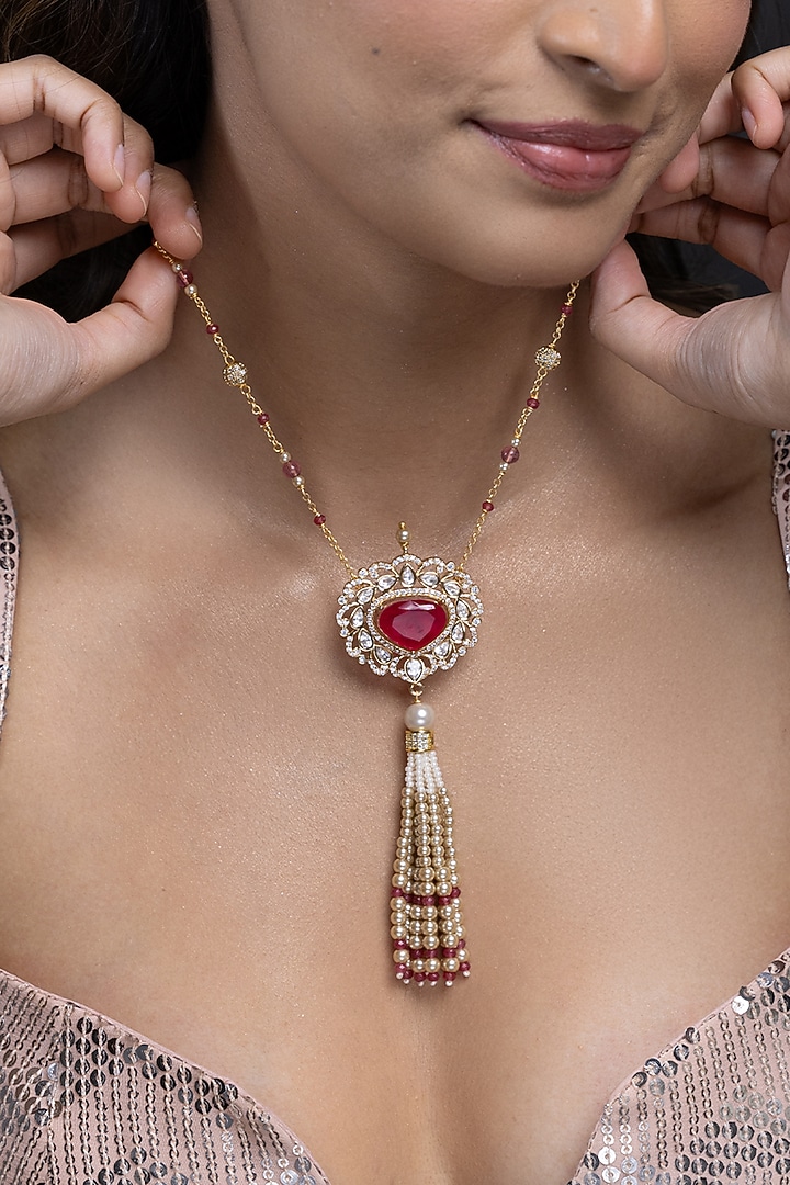 Gold Finish Red Stone Necklace by Joules By Radhika at Pernia's Pop Up Shop