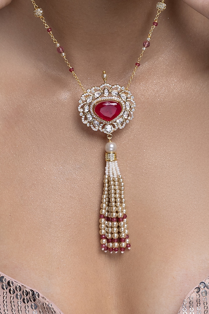 Gold Finish Red Stone Necklace by Joules By Radhika at Pernia's Pop Up Shop