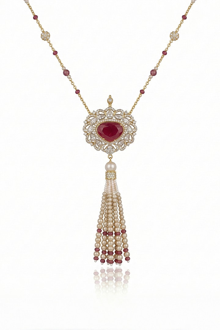 Gold Finish Red Stone Necklace by Joules By Radhika at Pernia's Pop Up Shop