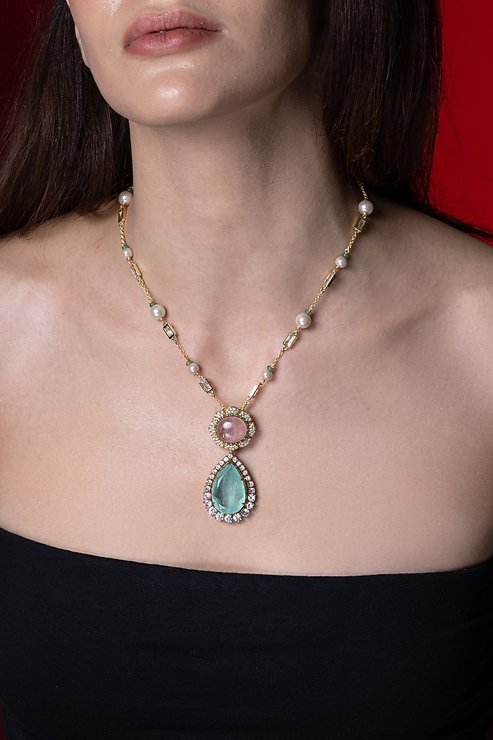 Gold Finish Green Stone Necklace by Joules By Radhika at Pernia's Pop Up Shop
