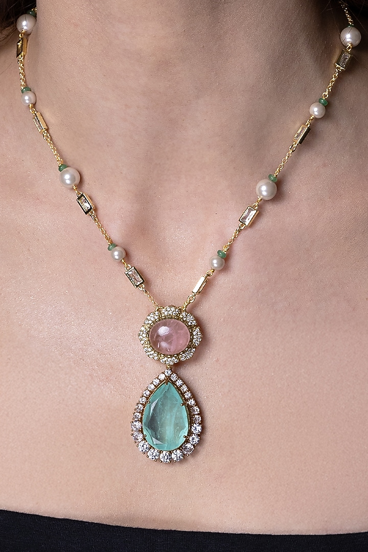 Gold Finish Green Stone Necklace by Joules By Radhika at Pernia's Pop Up Shop