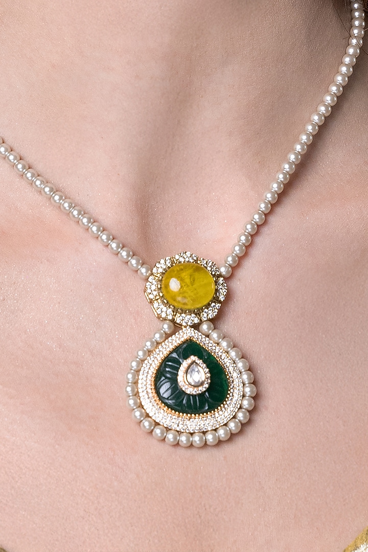 Gold Finish Grey Stone Necklace by Joules By Radhika at Pernia's Pop Up Shop