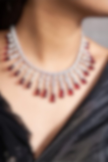 Gold Finish Crystal & Ruby Drop Necklace Set by Joules By Radhika at Pernia's Pop Up Shop