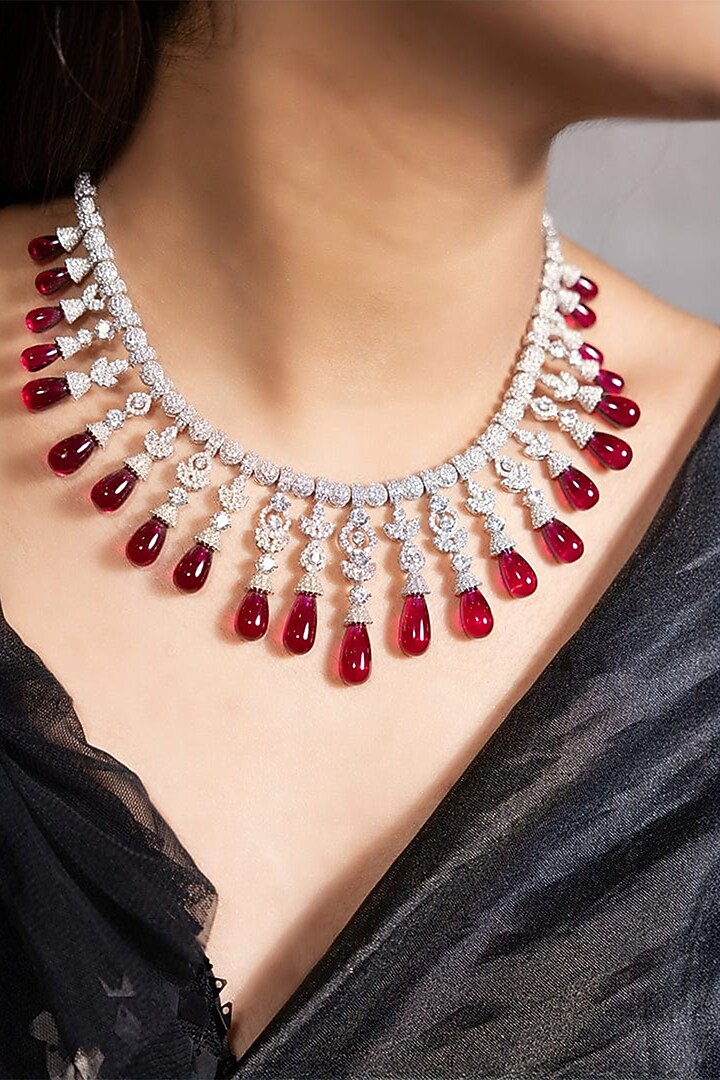 Gold Finish Crystal & Ruby Drop Necklace Set by Joules By Radhika at Pernia's Pop Up Shop