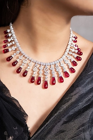 Gold Finish Crystal & Ruby Drop Necklace Set by Joules By Radhika