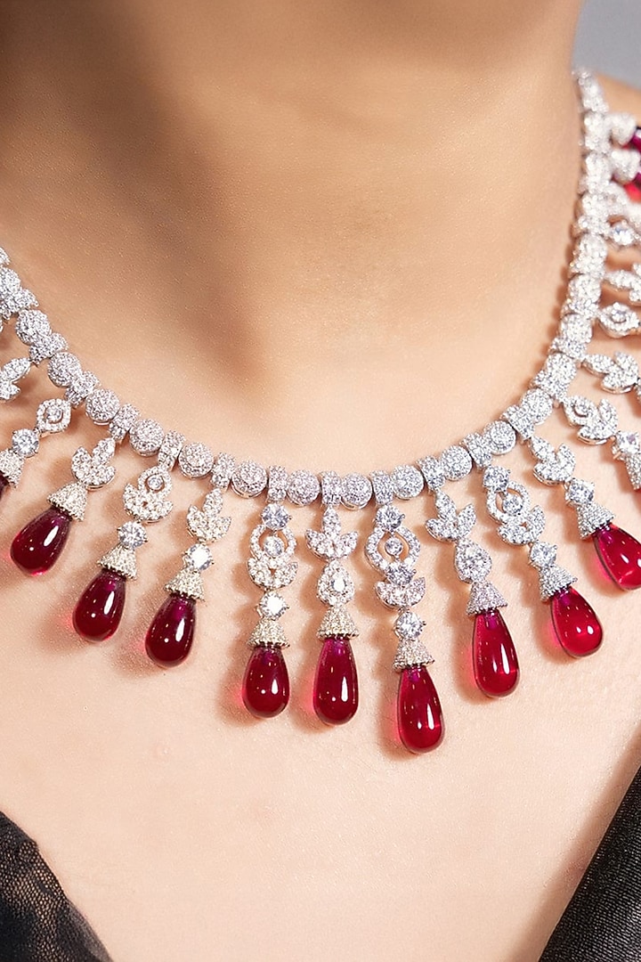 Gold Finish Crystal & Ruby Drop Necklace Set by Joules By Radhika at Pernia's Pop Up Shop