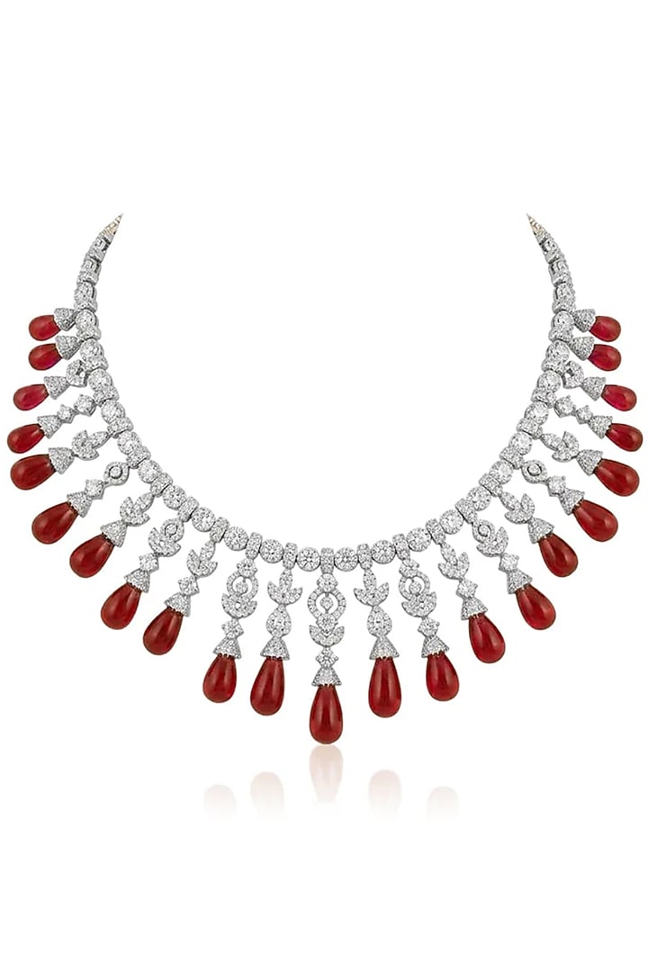 Gold Finish Crystal & Ruby Drop Necklace Set by Joules By Radhika at Pernia's Pop Up Shop