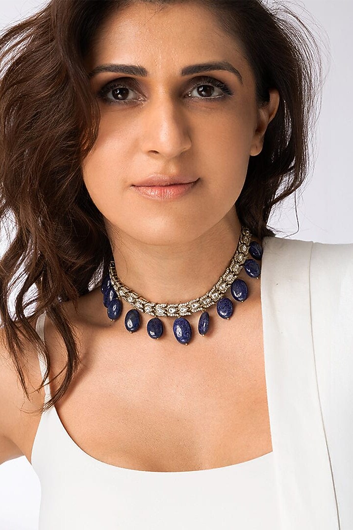 Gold Finish Deep Blue Drop Necklace by Joules By Radhika at Pernia's Pop Up Shop