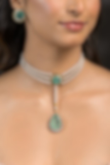Gold Finish Green Stone Necklace Set by Joules By Radhika at Pernia's Pop Up Shop