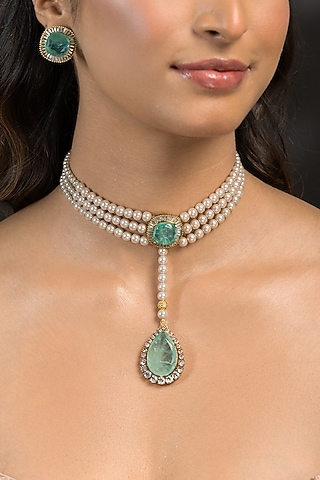 Gold Finish Green Stone Necklace Set by Joules By Radhika