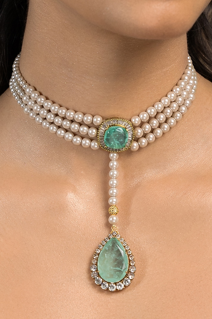 Gold Finish Green Stone Necklace Set by Joules By Radhika at Pernia's Pop Up Shop