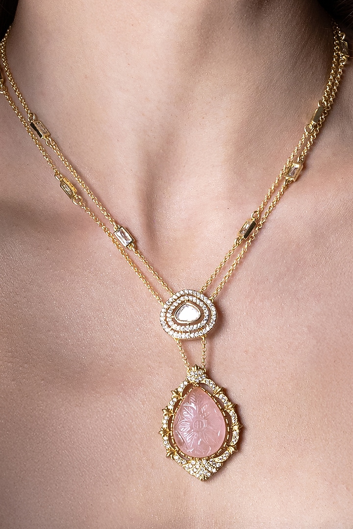 Gold Finish Pink Stone Necklace Set by Joules By Radhika at Pernia's Pop Up Shop