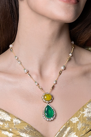 Gold Finish Green Stone Necklace by Joules By Radhika