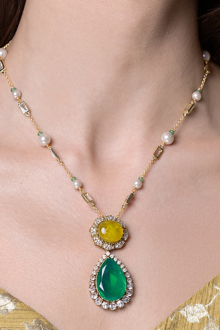Gold Finish Green Stone Necklace by Joules By Radhika at Pernia's Pop Up Shop