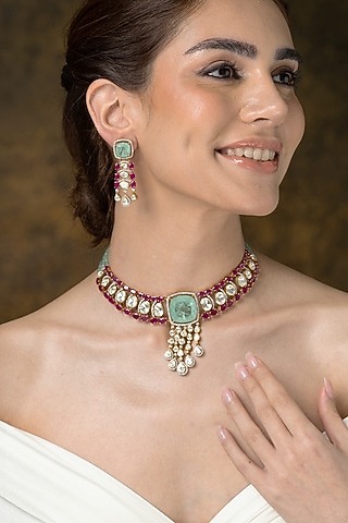 Gold Finish Ruby & Green Stone Choker Necklace Set by Joules By Radhika