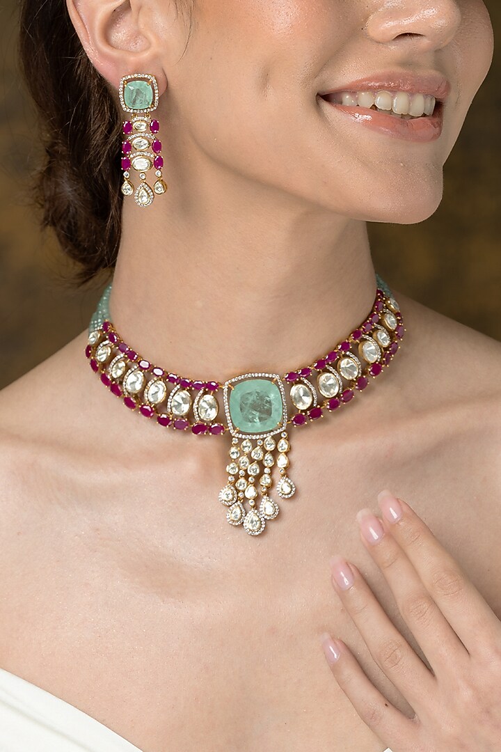 Gold Finish Ruby & Green Stone Choker Necklace Set by Joules By Radhika at Pernia's Pop Up Shop