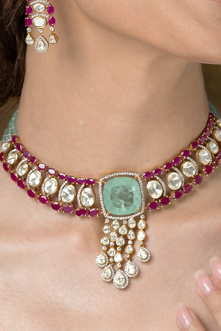 Gold Finish Ruby & Green Stone Choker Necklace Set by Joules By Radhika at Pernia's Pop Up Shop