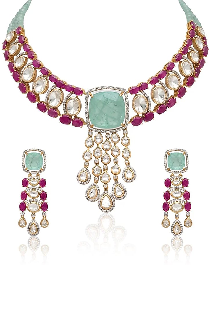 Gold Finish Ruby & Green Stone Choker Necklace Set by Joules By Radhika at Pernia's Pop Up Shop
