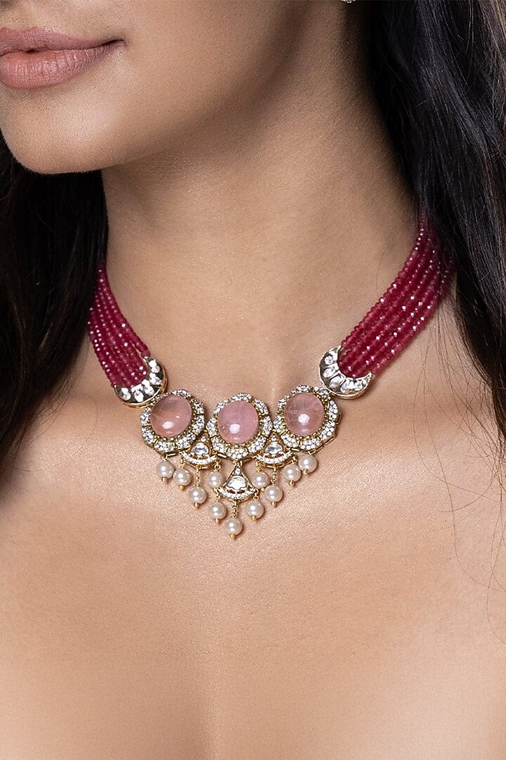 Gold Finish Red Stone Necklace Set by Joules By Radhika at Pernia's Pop Up Shop