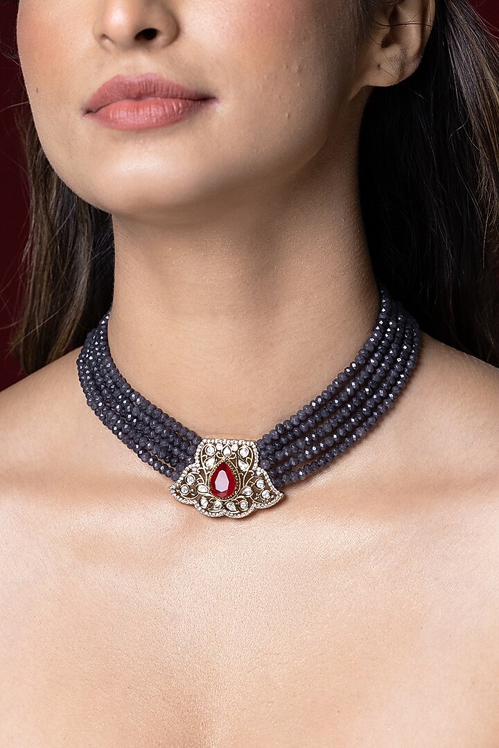 Gold Finish Blue Stone Necklace by Joules By Radhika at Pernia's Pop Up Shop