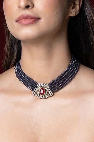 Gold Finish Blue Stone Necklace by Joules By Radhika