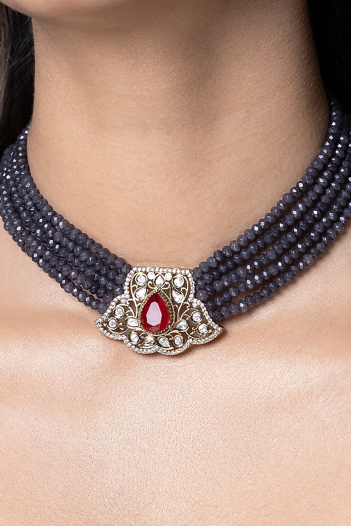Gold Finish Blue Stone Necklace by Joules By Radhika at Pernia's Pop Up Shop