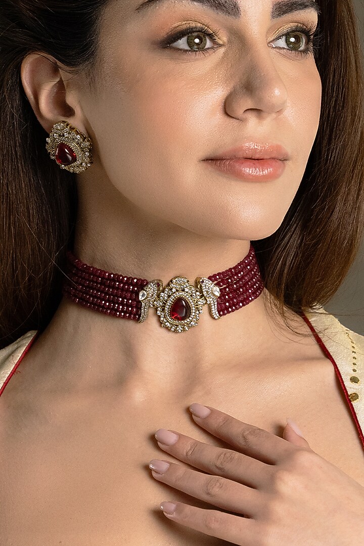 Gold Finish Red Stone Necklace Set by Joules By Radhika at Pernia's Pop Up Shop