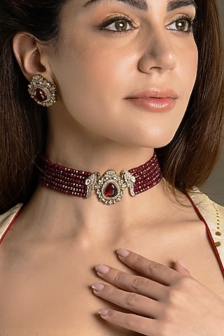 Gold Finish Red Stone Necklace Set by Joules By Radhika