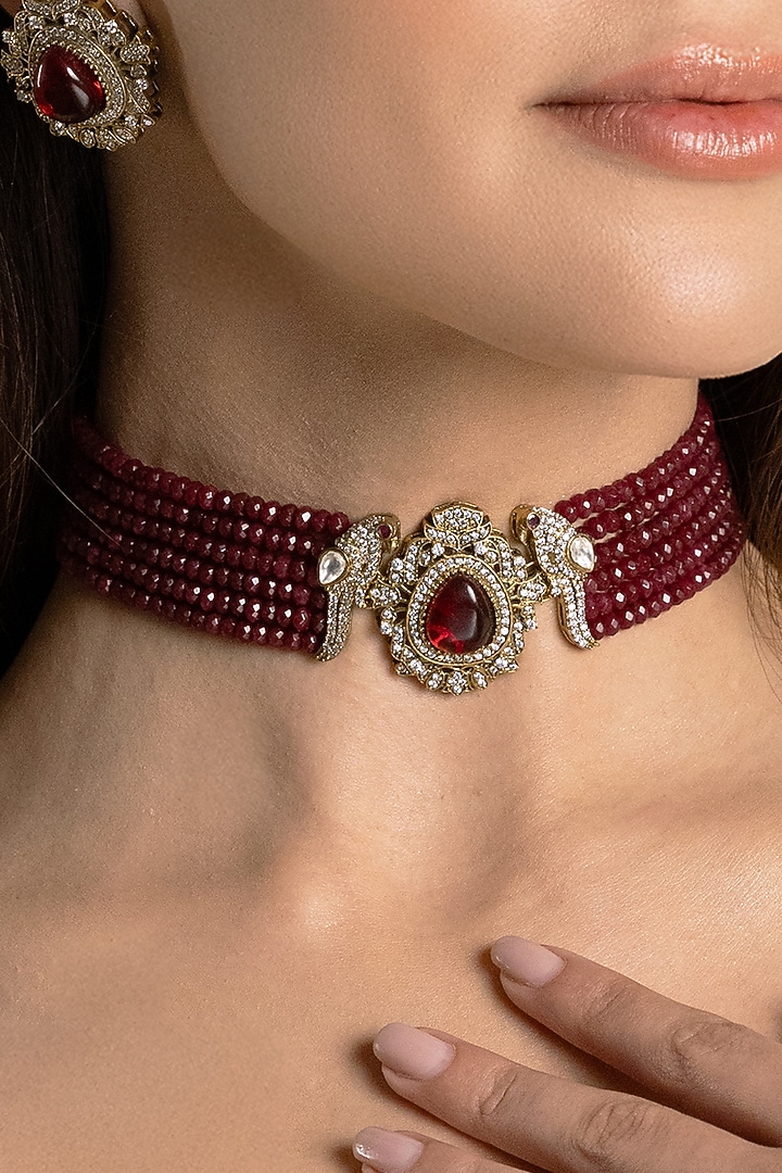 Gold Finish Red Stone Necklace Set by Joules By Radhika at Pernia's Pop Up Shop