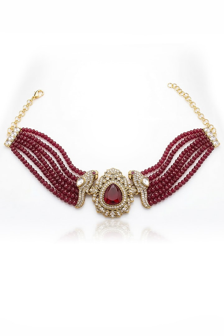 Gold Finish Red Stone Necklace Set by Joules By Radhika at Pernia's Pop Up Shop