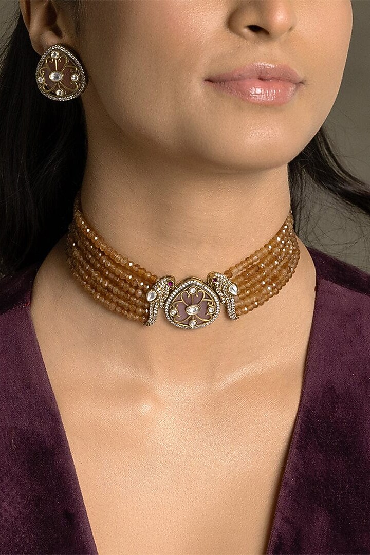 Gold Finish Brown Stone Necklace Set by Joules By Radhika at Pernia's Pop Up Shop