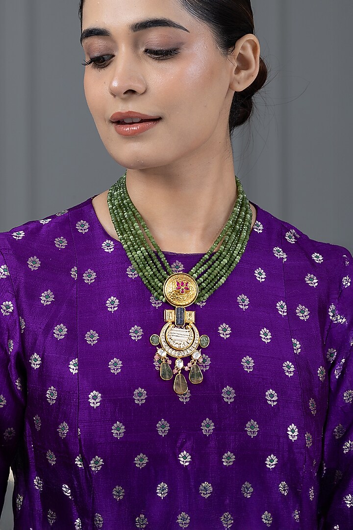 Gold Finish Green Stone Necklace by Joules By Radhika at Pernia's Pop Up Shop