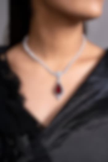 Silver Finish Ruby & Crystal Pendant Necklace Set by Joules By Radhika at Pernia's Pop Up Shop