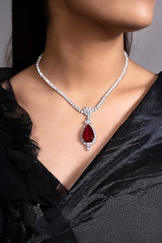 Silver Finish Ruby & Crystal Pendant Necklace Set by Joules By Radhika