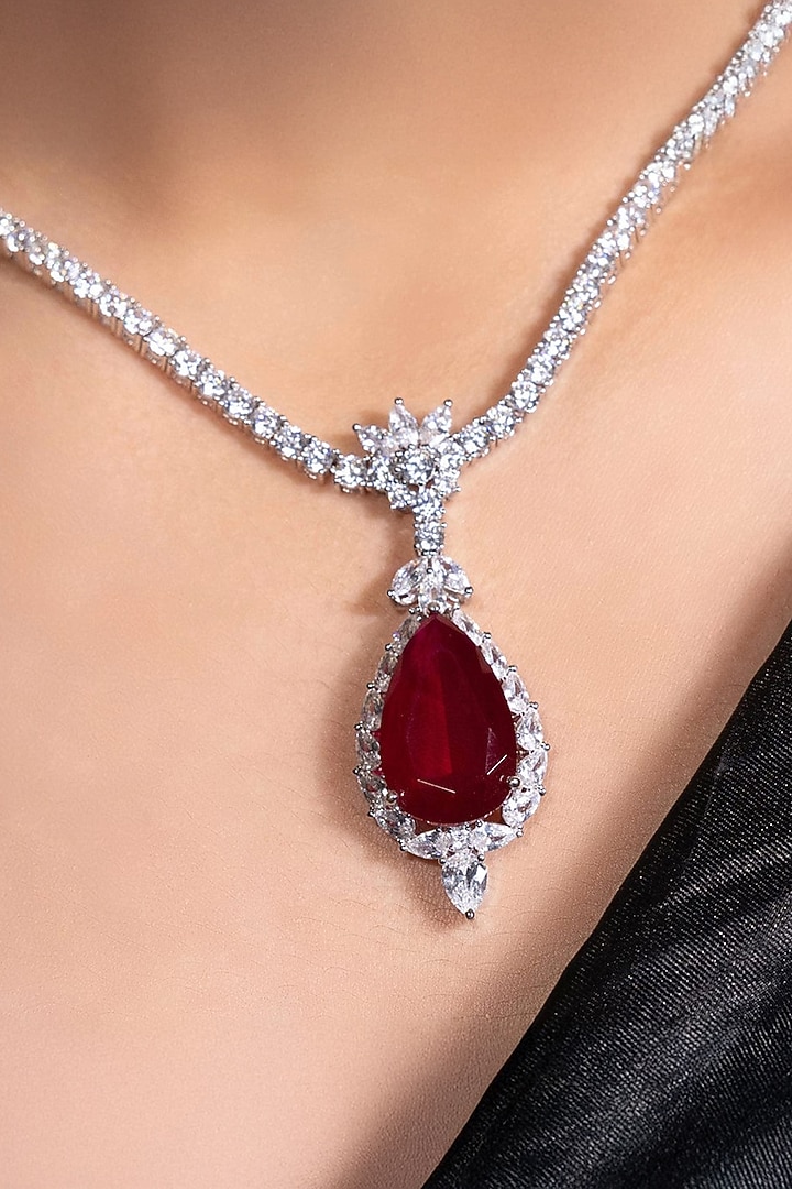 Silver Finish Ruby & Crystal Pendant Necklace Set by Joules By Radhika at Pernia's Pop Up Shop