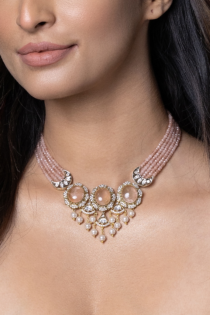 Gold Finish Pink Stone Necklace Set by Joules By Radhika at Pernia's Pop Up Shop