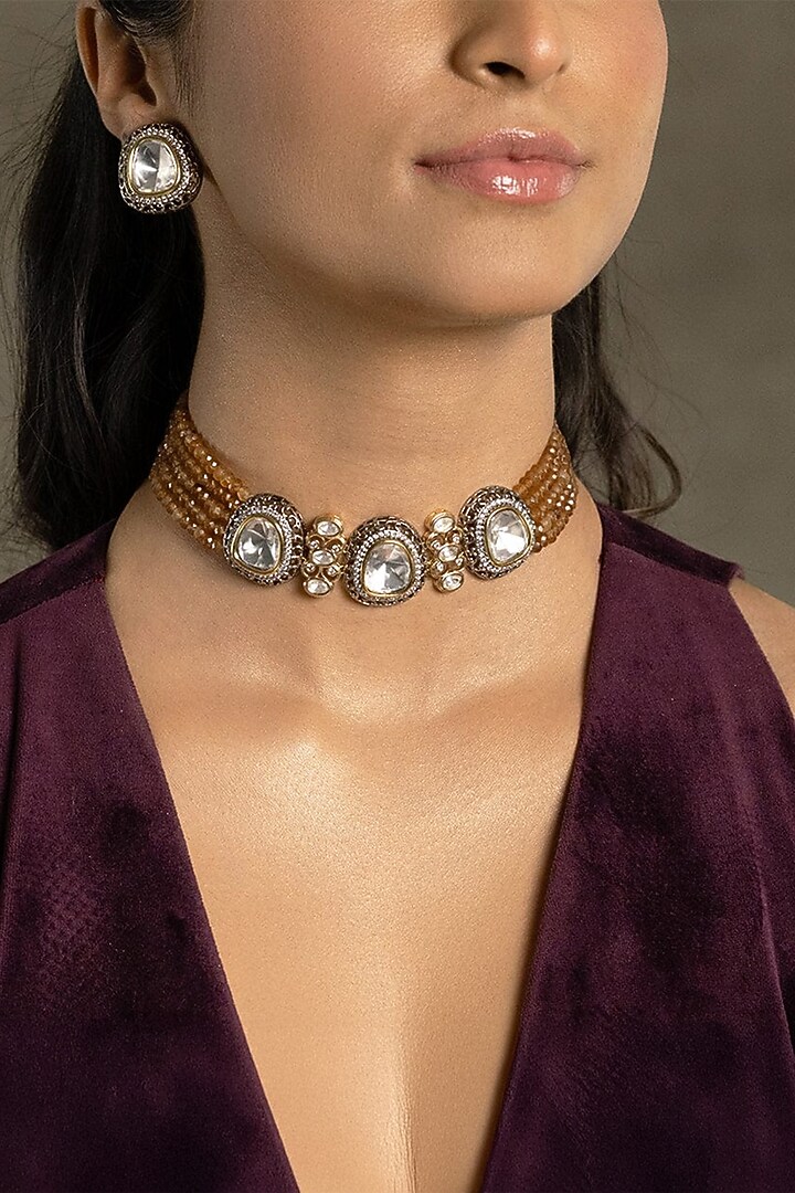Gold Finish Brown Stone Necklace Set by Joules By Radhika at Pernia's Pop Up Shop
