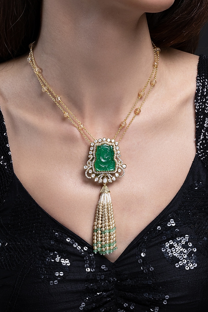 Gold Finish Green Stone Necklace Set by Joules By Radhika at Pernia's Pop Up Shop