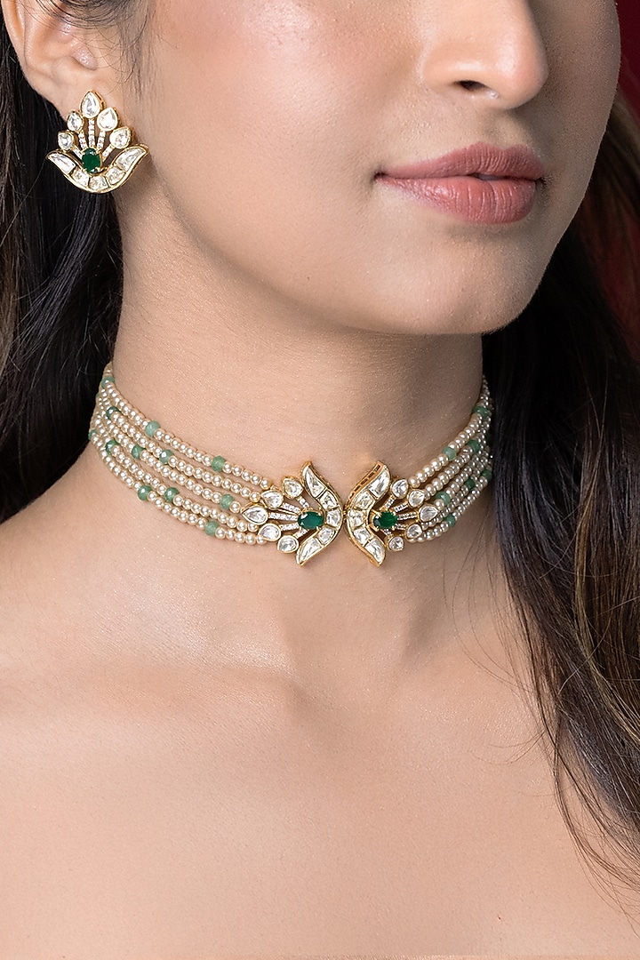 Gold Finish Brown Stone Necklace Set by Joules By Radhika at Pernia's Pop Up Shop