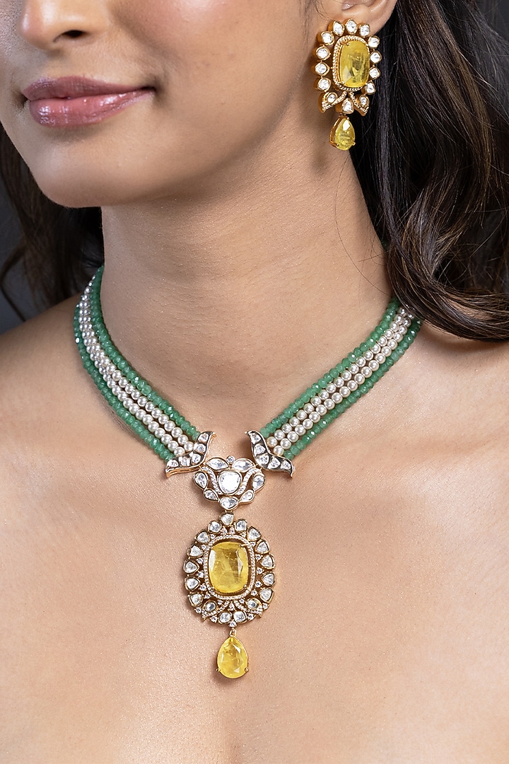 Gold Finish Green Stone Necklace Set by Joules By Radhika at Pernia's Pop Up Shop