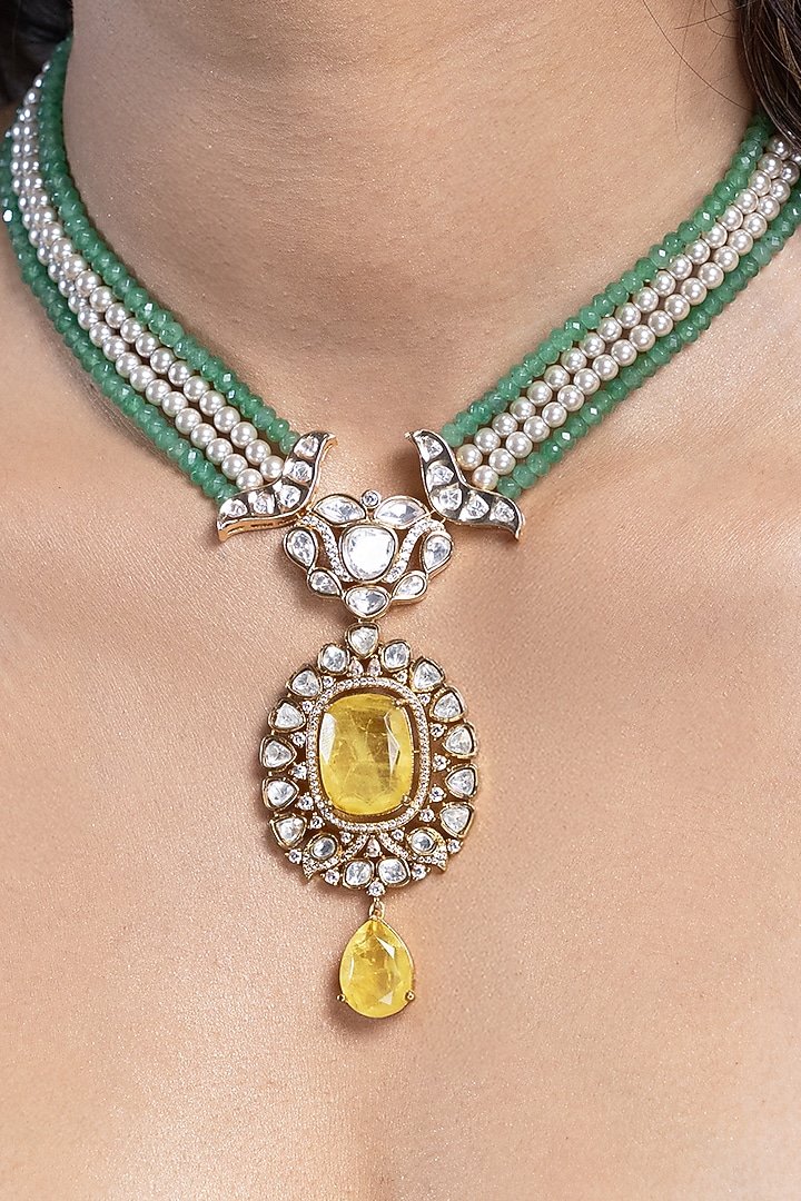 Gold Finish Green Stone Necklace Set by Joules By Radhika at Pernia's Pop Up Shop