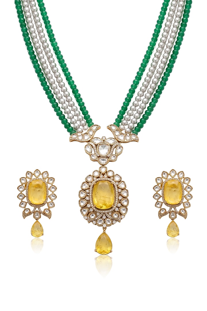 Gold Finish Green Stone Necklace Set by Joules By Radhika at Pernia's Pop Up Shop