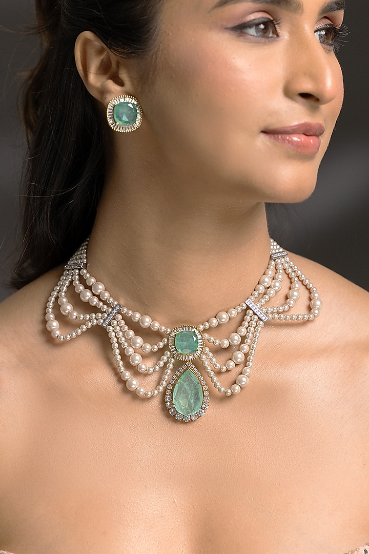 Gold Finish Green Stone Necklace Set by Joules By Radhika at Pernia's Pop Up Shop
