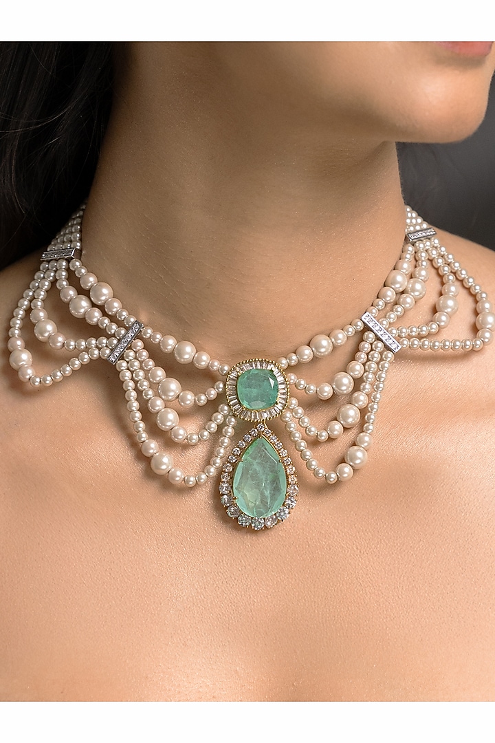 Gold Finish Green Stone Necklace Set by Joules By Radhika at Pernia's Pop Up Shop