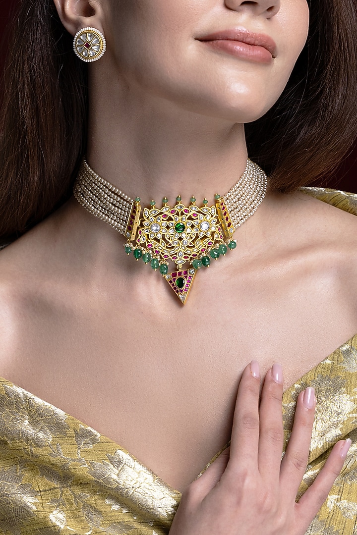 Gold Finish Multi-Colored Stone Necklace Set by Joules By Radhika at Pernia's Pop Up Shop