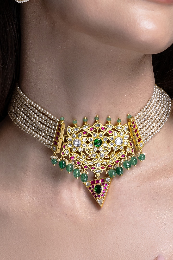 Gold Finish Multi-Colored Stone Necklace Set by Joules By Radhika at Pernia's Pop Up Shop